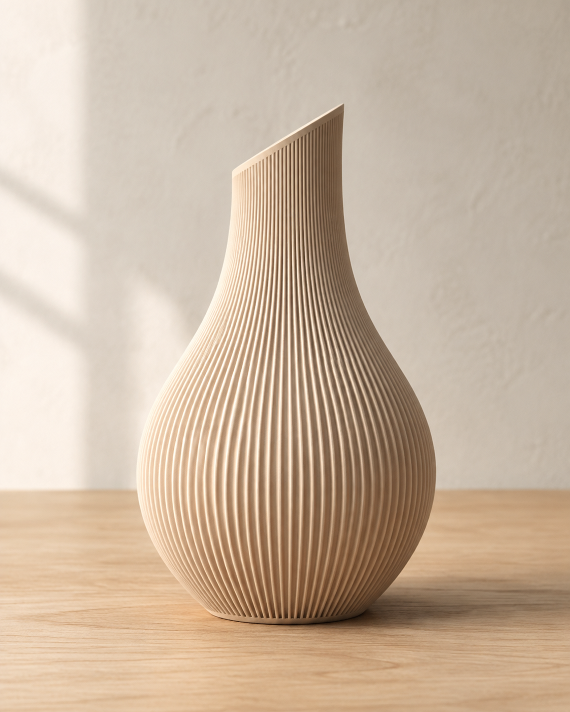 Vela – cremefarbene Vase mit feinen vertikalen Rillen, Vorderansicht
